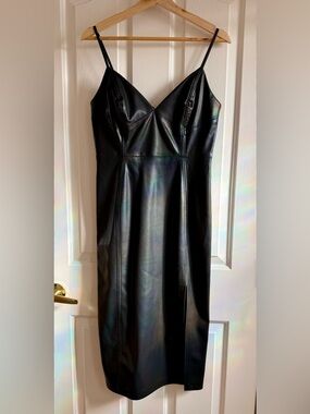 Calvin Klein Black Vegan Leather Midi Slip Dress - Size 6